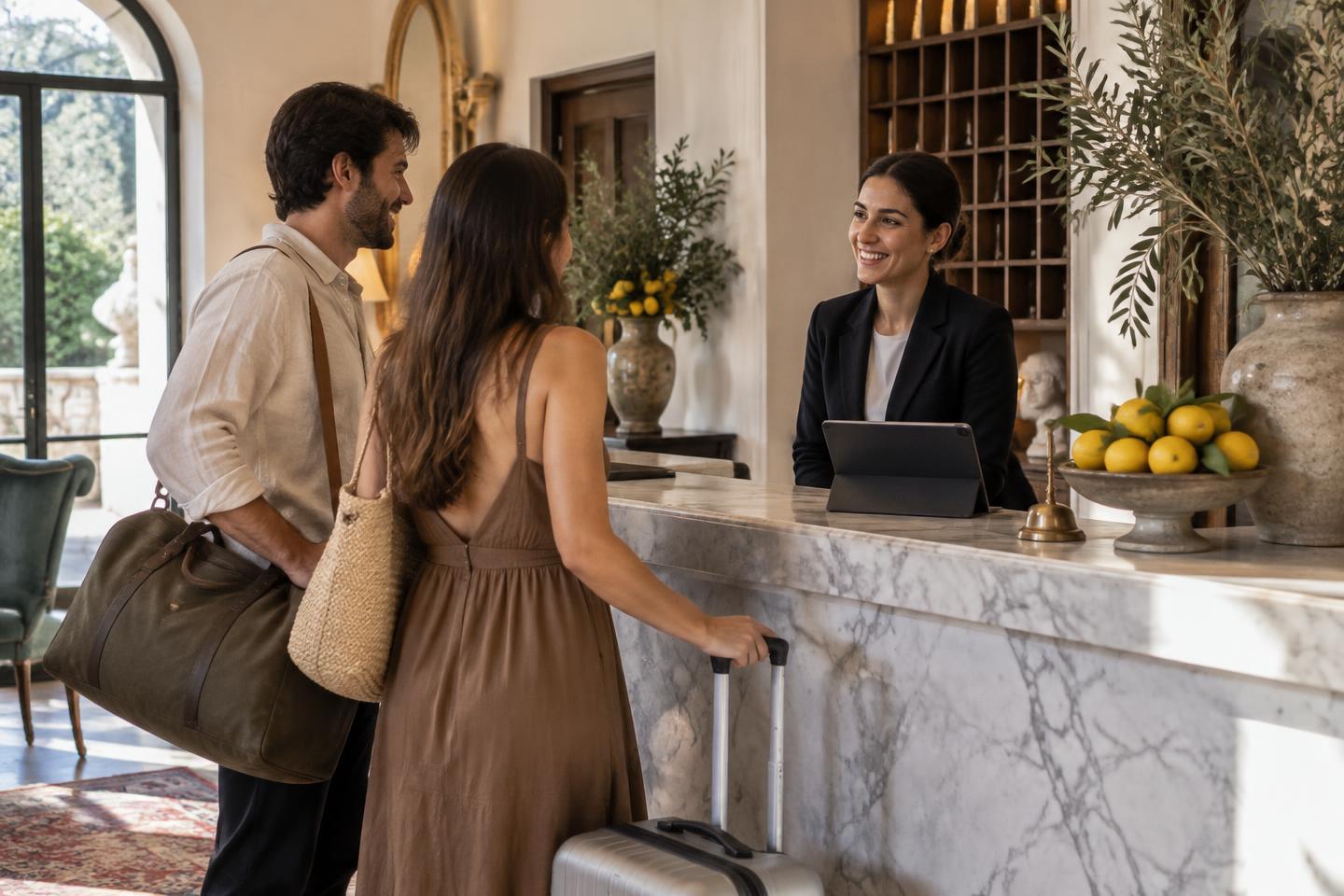 Reception che accoglie gli ospiti con una vista operativa sul tablet